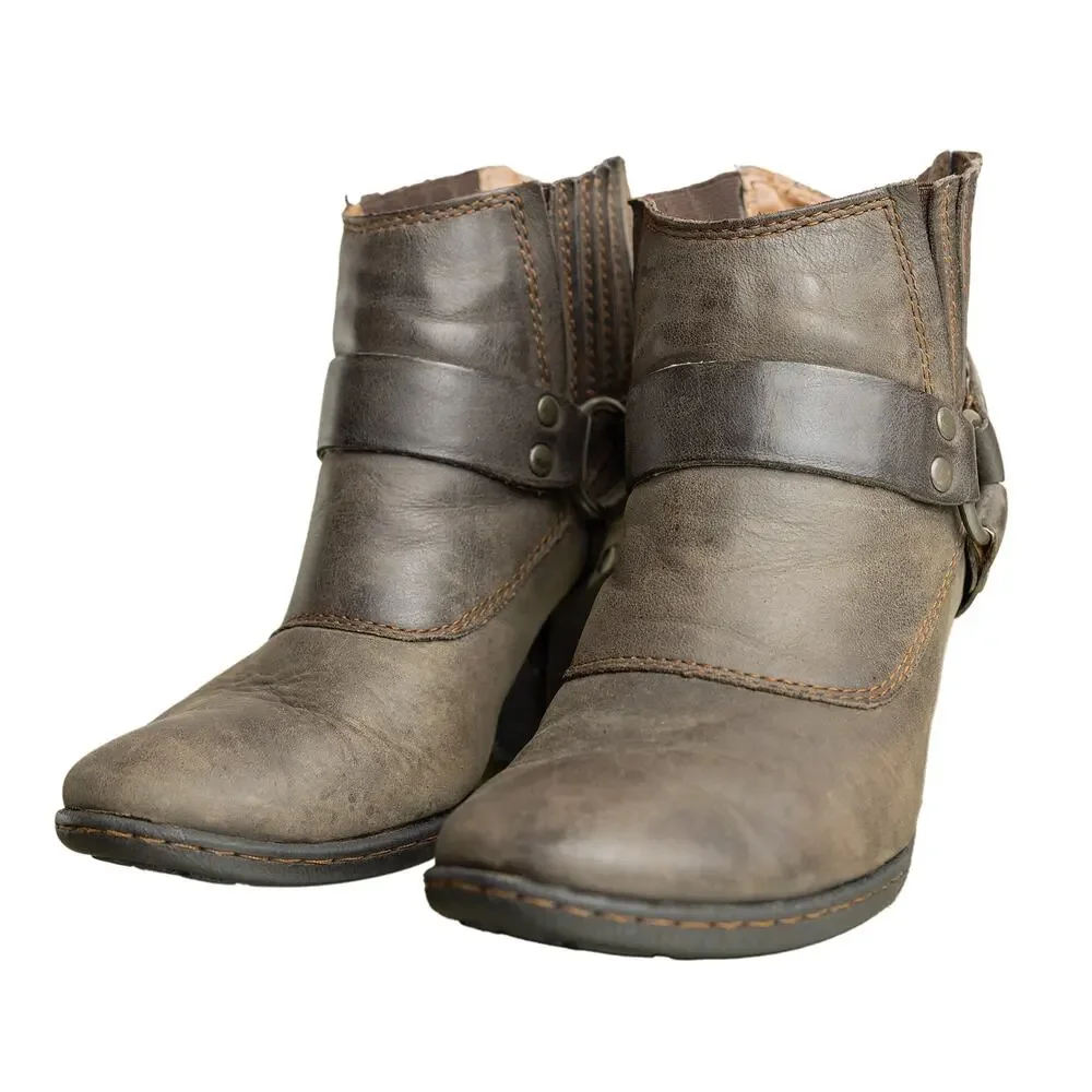 B.O.C Sasha Leather Harness Boot Distressed Gray Moto Western Style Ankle Bootie